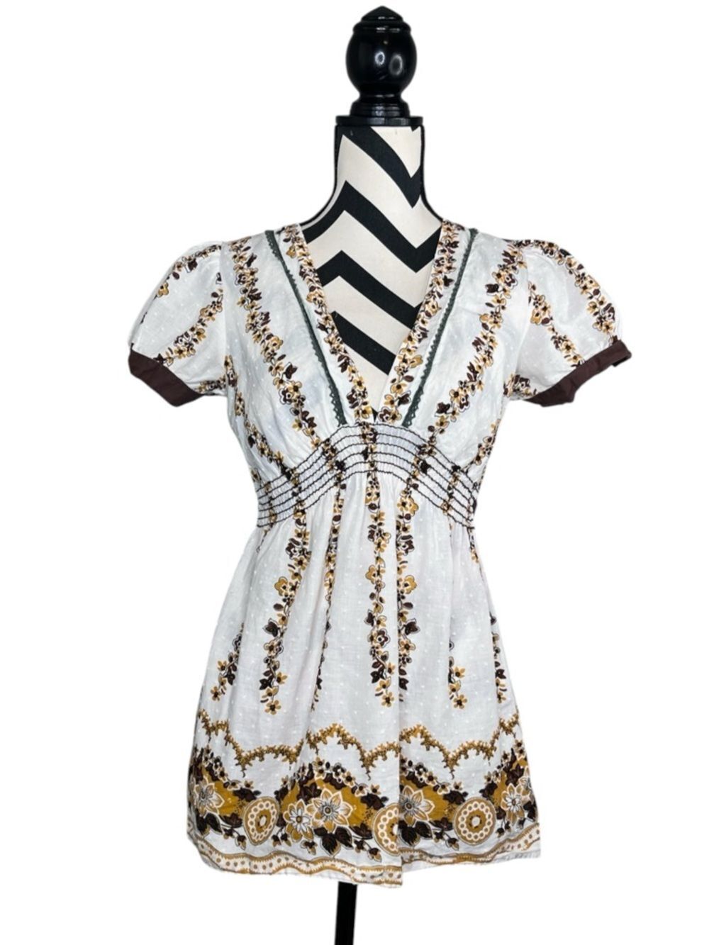Whimsigoth Y2K Cotton Floral Y2K Boho Babydoll Top Sz L